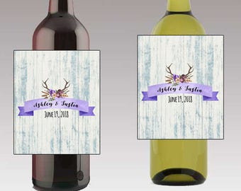 Rustic wood label with antlers Wedding Beer or Wine Bottle Labels Great for Engagement Bridal Shower Party self stick easy to use labels