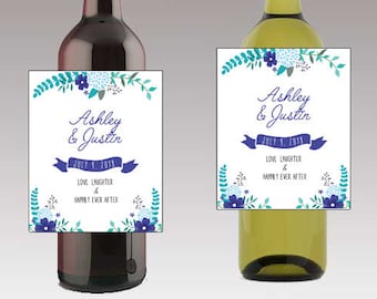 Floral Love Laughter Happily Ever After Wine / Beer Bottle Labels Great for Engagement Bridal Shower Party self stick easy to use labels