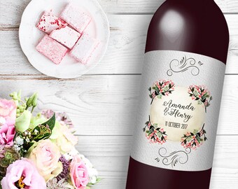 Textured white background and floral Wine / Beer Bottle Labels Great for Engagement Bridal Shower Party self stick easy to use labels