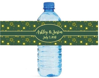 Glowing Stars on Green background Wedding Anniversary Birthday Water Bottle Labels Customizable labels self stick, easy to use