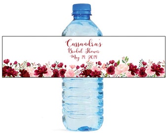 Blush & Burgandy White Background Wedding Water Bottle Labels Great for Engagement Bridal Shower Party