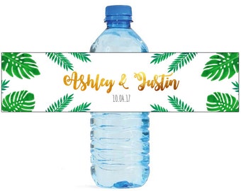 Gold tropics Wedding Anniversary Bridal Shower Water Bottle Labels Great for Engagement Party Golden Tropical design