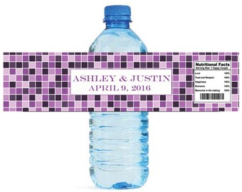 Mosaic Violet purple Wedding Anniversary Sweet 16 Water Bottle Labels Great for Engagement Bridal Shower Party