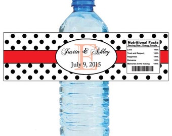 Polka Dot Red Monogram Water Bottle Labels Great for Engagement Bridal Shower Wedding Party 2 sizes available