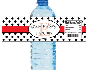 Polka Dot Red Monogram Water Bottle Labels Great for Engagement Bridal Shower Wedding Party 2 sizes available