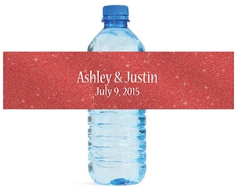 Modern Red Glitter Wedding Water Bottle Labels Great for Engagement Bridal Shower Party