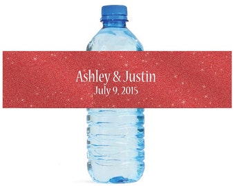 Modern Red Glitter Wedding Water Bottle Labels Great for Engagement Bridal Shower Party