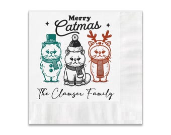 Merry Catmas Christmas themed 3 ply Premium Customizable Cocktail Napkins Measure 5"x5" Customize Names & Date or any other message