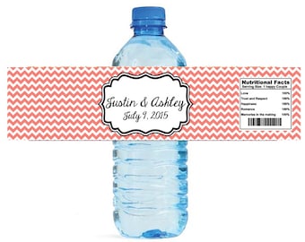 Etsy Chevron Coral Wedding Water Bottle Labels Great for Engagement Bridal Shower Party