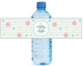 Green Stripes with Pink & Green Dots Wedding Water Bottle Labels Great for Engagement Bridal Shower Party Self Stick Labels