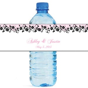 Pink Stripes and Roses Wedding Anniversary Water Bottle Labels Customizable labels