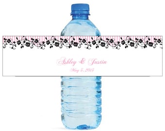 Pink Stripes and Roses Wedding Anniversary Water Bottle Labels Customizable labels