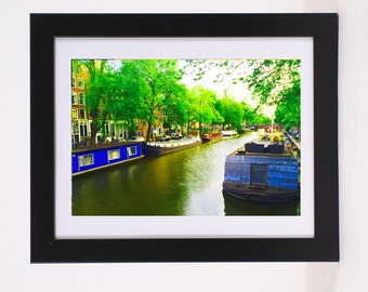 House Boats on Amsterdam Canals Neighborhoods Poster Colorful European Canal city view