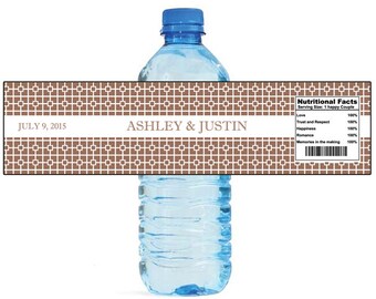 Square Pattern in Mocha Brown Water Bottle Labels Great for Engagement Bridal Shower Wedding Anniversary Birthday Party