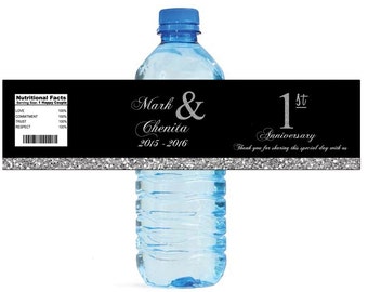 Black and Silver Glitter 1st Anniversary Water Bottle Labels Customizeable labels Self Stick, Easy to use