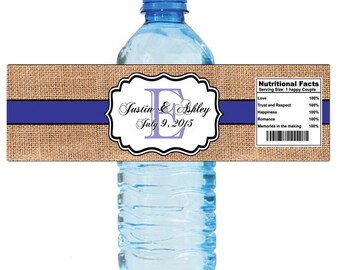 Burlap Purple Stripe Monogram Wedding Water Bottle Labels Great for Engagement Bridal Shower Anniversary Birthday Party 2 sizes available