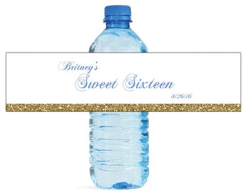 Sweet 16 Birthday white and gold stripe Water Bottle Labels easy to apply and use
