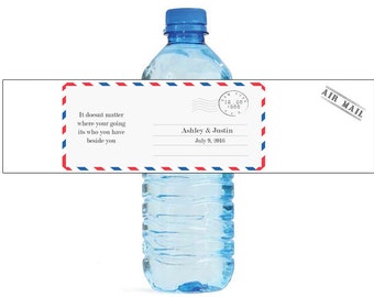 Air mail letter travel theme Wedding Water Bottle Labels Great for Engagement Bridal Shower Party easy to apply and use
