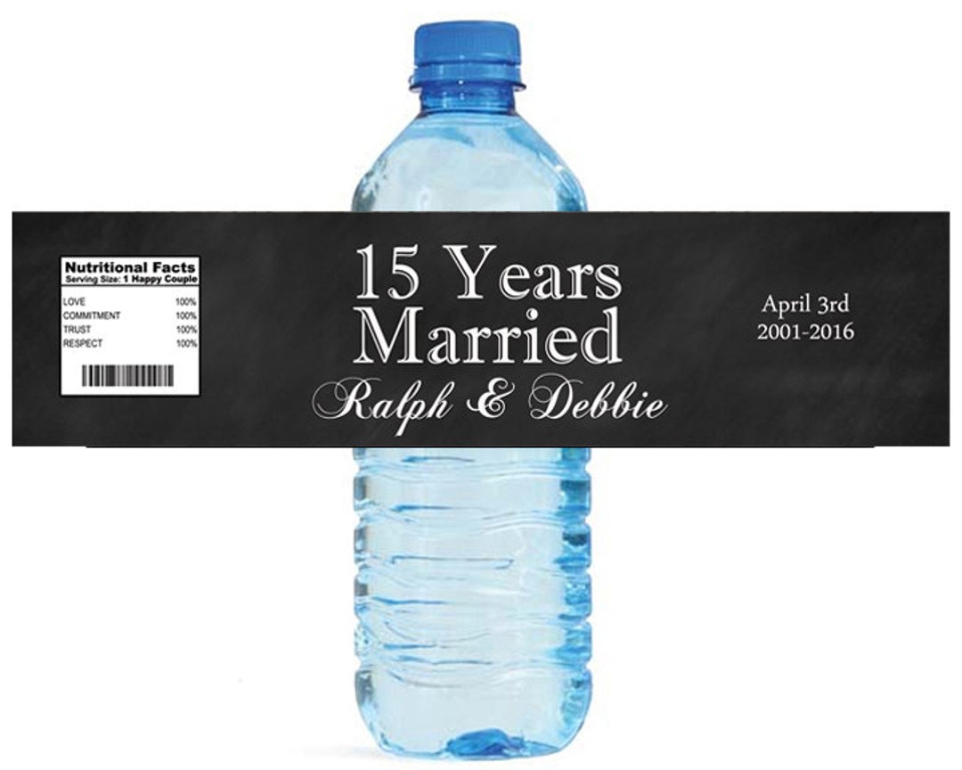 Black Chalkboard 15 Years Married Water Bottle Labels Customizeable ...