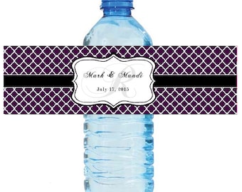 Eggplant background Monogram Wedding Water Bottle Labels Great for Engagement Bridal Shower Party