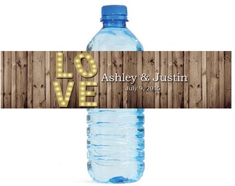 Rustic Wood Marquee Letters Stacked Love Wedding Anniversary Engagment Water Bottle Labels Customizeable self stick