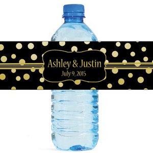 Gold Confetti on black background Wedding Anniversary Water Bottle Labels Customizable labels Self stick, easy to use