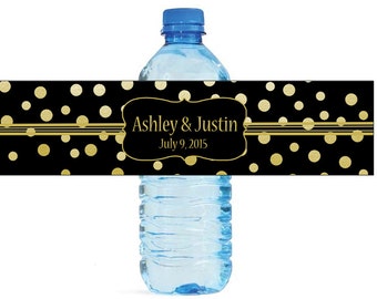 Gold Confetti on black background Wedding Anniversary Water Bottle Labels Customizable labels Self stick, easy to use