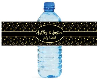 Glowing Stars on black background Wedding Anniversary Birthday Water Bottle Labels Customizable labels self stick, easy to use