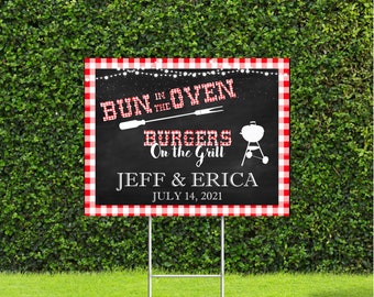 Bun in The Oven Burgers On The Grill Yard Sign Large Sign Great for Baby Shower Gender Reveal with metal H Stake