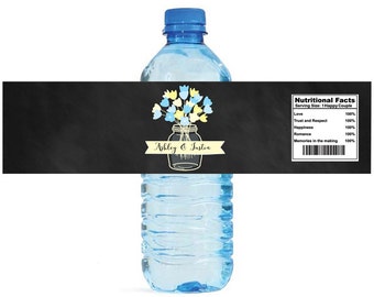 Chalkboard Mason Jar and flowers Wedding Water Bottle Labels Great for Engagement Bridal Shower Party Easy to use self stick label