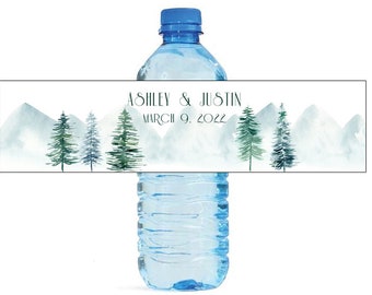 Winter Pines landscape Wedding Anniversary Bridal Shower Birthday Water Bottle Labels Customizable easy to use, self stick labels