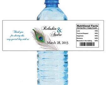 New Peacock Water Bottle Labels Great for Engagement Bridal Shower Wedding Party