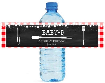 Baby Q Chalkboard & Gingham Baby Shower Reveal Party Water Bottle Labels Great for Your events Party easy to apply and use cookout BBQ