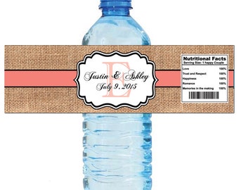 Burlap Coral Color Stripe Monogram Wedding Water Bottle Labels Great for Engagement Bridal Shower Party