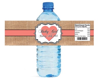 Burlap Coral Heart Baby Shower Water Bottle Labels with Cute Nutrition Facts Celebrations Baby