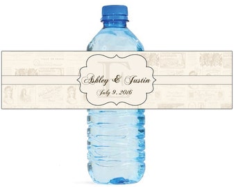 Parisian postcard with Monogram Wedding Water Bottle Labels Great for Engagement Bridal Shower Party