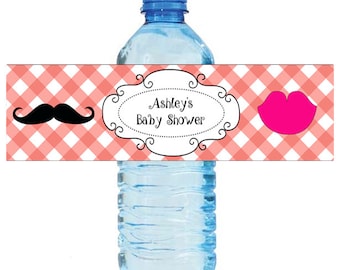 Coral Pattern Mustache Lips Gender Reveal Baby Shower Water Bottle Labels Celebrations Baby coming boy girl Mustache