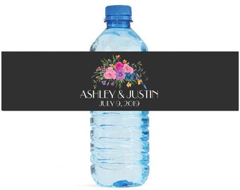 Pastel Roses on Black Background Wedding Water Bottle Labels Great for Engagement Bridal Shower Birthday Party Sweet 16