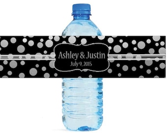 Silver Confetti on black background Wedding Anniversary Water Bottle Labels Customizable labels 2 sizes available