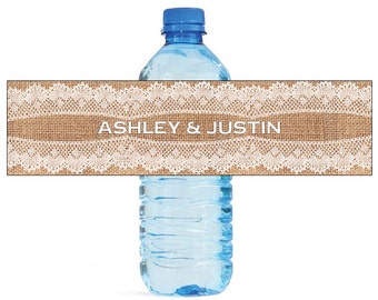 New Style Burlap and Lace Wedding Water Bottle Labels Great for Engagement Bridal Shower Party