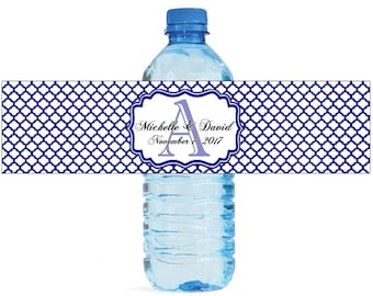 Navy Blue Quatrefoil Moroccan Wedding Water Bottle Labels Great for Engagement Bridal Shower Party Birthday party