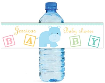 Baby Boy Hippo Baby Shower Theme Water Bottle Labels Perfect for your Celebration and events with an animal circus theme