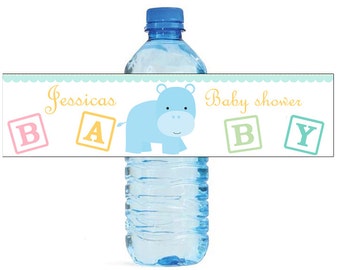 Baby Boy Hippo Baby Shower Theme Water Bottle Labels Perfect for your Celebration and events with an animal circus theme