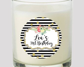 Black White Stripes Gold Dots  2" Party labels personalize events Weddings Bridal Birthday Candles Cupcake toppers Mason Jar decals Stickers