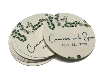 Modern Greenery Themed Custom Drink Coasters Measure 4" Round Customize Names & Date or any other message