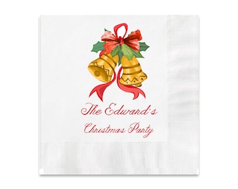Christmas Bells themed 3 ply Premium Customizable Cocktail Napkins Measure 5"x5" Customize Names & Date or any other message