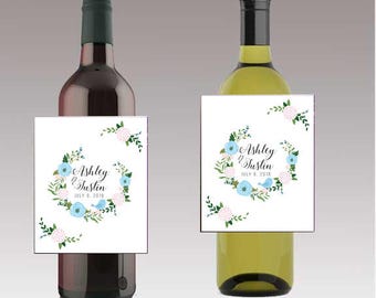 Half Wreath Wine / Beer Bottle Labels Great for Engagement Bridal Shower Party self stick easy to use Labels Floral