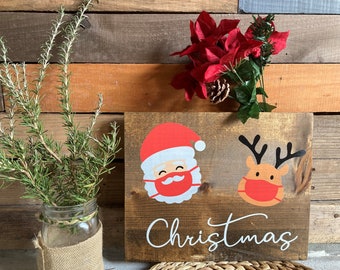 Masked Santa & Reindeer Merry Christmas Wood Sign Hand made and stained