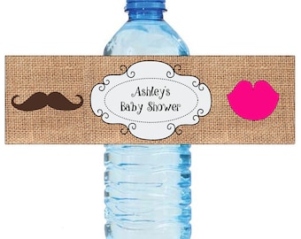 Burlap Mustache Lips Gender Reveal Baby Shower Water Bottle Labels Celebrations Baby coming boy girl Mustache