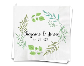 Summer Leaves Themed 3 ply Premium Custom Cocktail Napkins Measure 5"x5" Customize Names & Date or any other message
